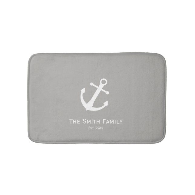 Custom Family Name and Est Nautical White and Grey Bath Mat (Front)