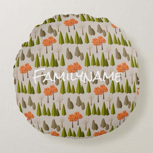 Custom Family Name Autumn Tree Pattern Round Cushion (Front)