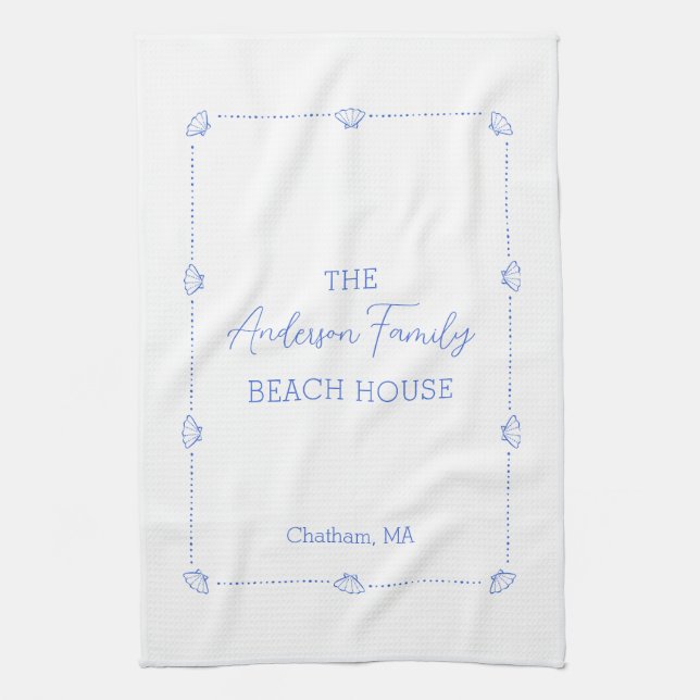 Custom Family Name Beach House Coastal Blue Shell Tea Towel (Vertical)