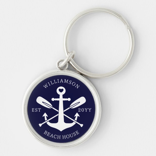 Custom Family Name Beach House Nautical Navy Blue Key Ring (Front)