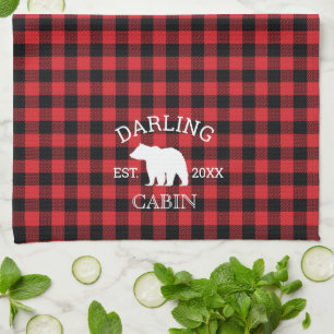 Custom Family Name Bear Buffalo Check Rustic Tea Towel