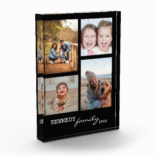 Custom Family Name Black  4 Photo Collage Block