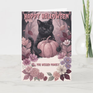Custom Family Name Black Cat & Floral Pumpkin Card