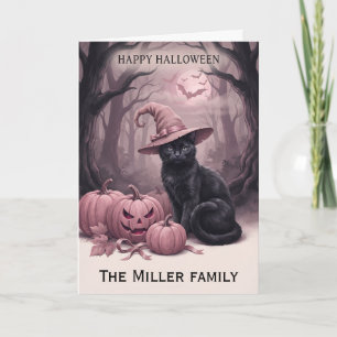 Custom Family Name Black Cat & Pink Pumpkins Card
