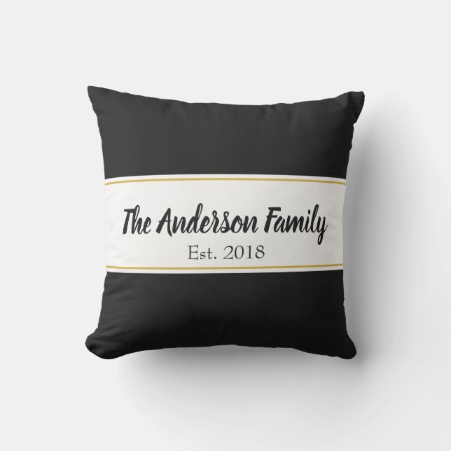 Custom Family Name Black White and Faux Gold Cushion (Front)