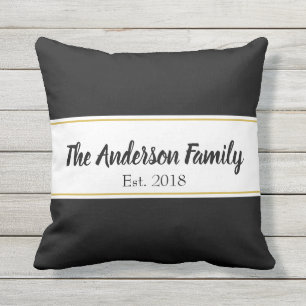 Custom Family Name Black White and Faux Gold Cushion