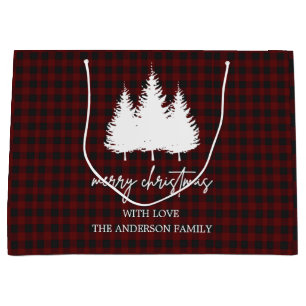 Custom Family Name Buffalo plaid Christmas Large Gift Bag