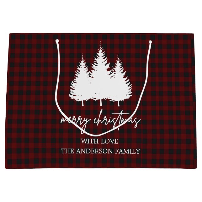 Custom Family Name Buffalo plaid Christmas Large Gift Bag (Front)