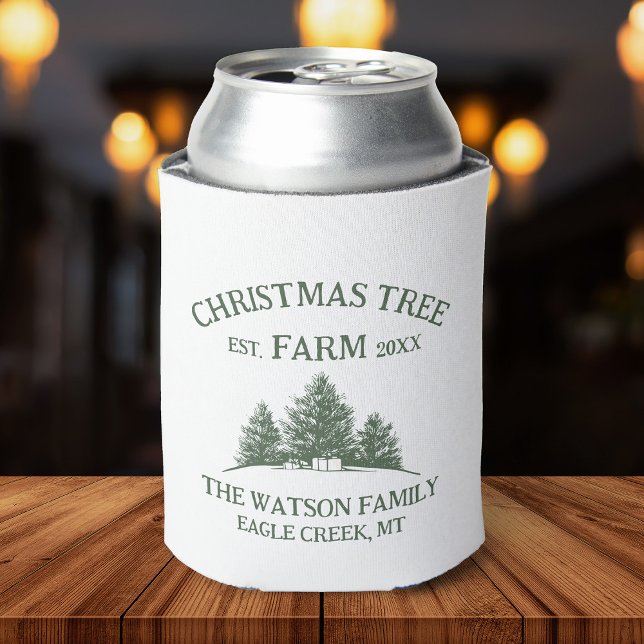 Custom Family Name Christmas Tree Farm Retro Can Cooler (A can cooler featuring a festive design of a Christmas tree farm, perfect for holiday gatherings )