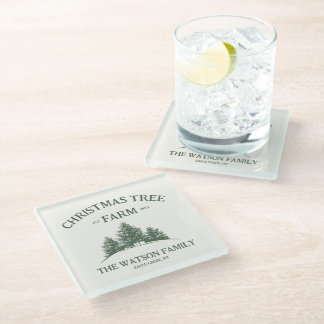 Custom Family Name Christmas Tree Farm Retro Glass Coaster
