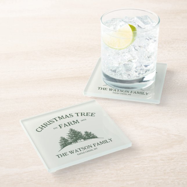 Custom Family Name Christmas Tree Farm Retro Glass Coaster (Angled)