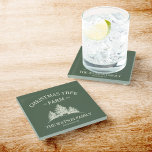 Custom Family Name Christmas Tree Farm Retro Glass Coaster<br><div class="desc">Protect your surfaces in festive style with this custom holiday coaster! Featuring your family name and a retro vintage Christmas tree farm design in sage green,  it's the perfect holiday accent for your drinks.</div>