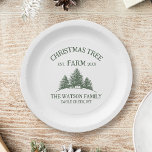 Custom Family Name Christmas Tree Farm Retro Paper Plate<br><div class="desc">Serve your holiday treats on these festive paper plates! Featuring your family name and a retro Christmas tree farm design in sage green,  they’re perfect for adding a personal touch to your holiday meals and parties.</div>