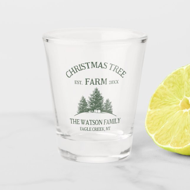 Custom Family Name Christmas Tree Farm Retro Shot Glass (Front)