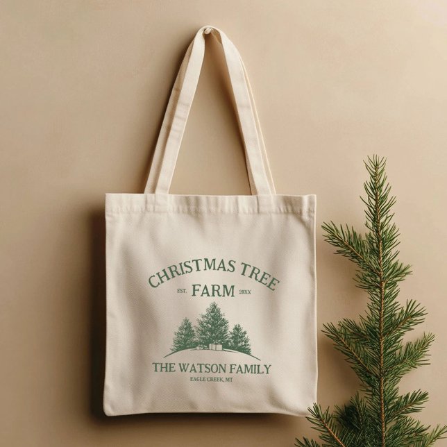 Custom Family Name Christmas Tree Farm Retro Tote Bag (Creator Uploaded)
