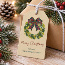 Custom Family Name Christmas Wreath Tartan Bow