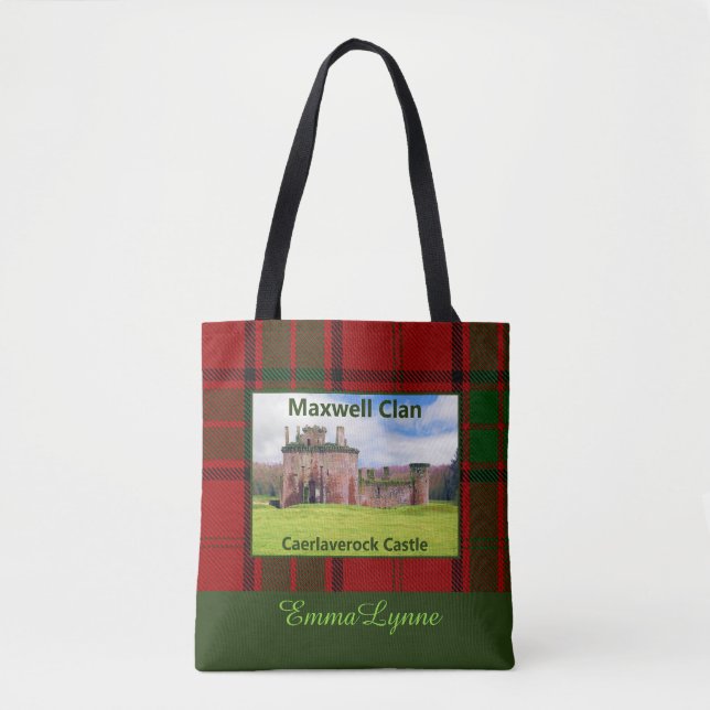 Custom Family Name Clan Maxwell Tartan & Castle Tote Bag (Front)
