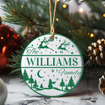 Custom Family Name Classic Christmas Keepsake Ceramic Tree Decoration<br><div class="desc">Add a fun and festive touch to your Christmas tree this year with a personalised ornament that can be passed down for generations. This classic green and white design features reindeer flying above a pine filled snow-scape with a lone snowman standing guard. Personalise by adding your last name. Makes a...</div>