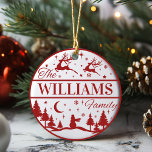 Custom Family Name Classic Christmas Keepsake Ceramic Tree Decoration<br><div class="desc">Add a classically festive touch to your Christmas tree this year with a personalised ornament that can be passed down for generations. This fun, yet traditional, red and white design features reindeer flying above a pine filled snow-scape with a lone snowman standing guard. Personalise by adding your last name. Makes...</div>