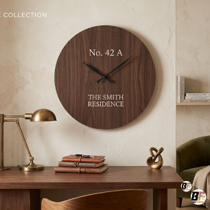 Custom Family Name Dark Wood Grain Minimalist Wall Large Clock