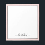 Custom Family Name Elegant Pink White Stationery Notepad<br><div class="desc">Custom family name stationery notepad featuring pink frame and elegant black script calligraphy with swashes,  on white background. Easily personalize with your surname and favorite colors.</div>