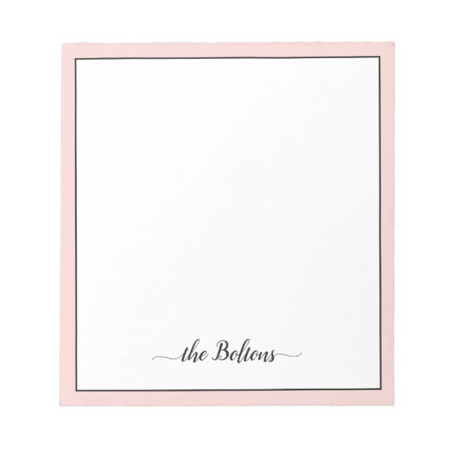 Custom Family Name Elegant Pink White Stationery Notepad (Front)