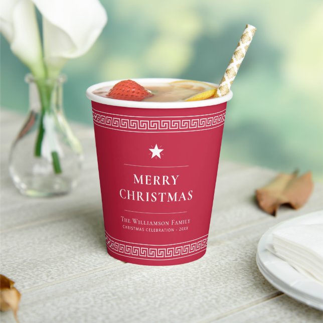 Custom Family Name Elegant Red Christmas Party Paper Cups (Insitu)
