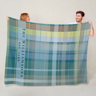 Custom Family Name Est. Year Plaid Check Blue Teal Fleece Blanket