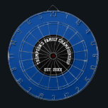 Custom Family Name Established Date Black and Blue Dartboard<br><div class="desc">Personalise your dart board with your family name and established year.
Perfect for fun family championship game nights!
The dart board is blue colour with black centre for a stylish modern look.</div>