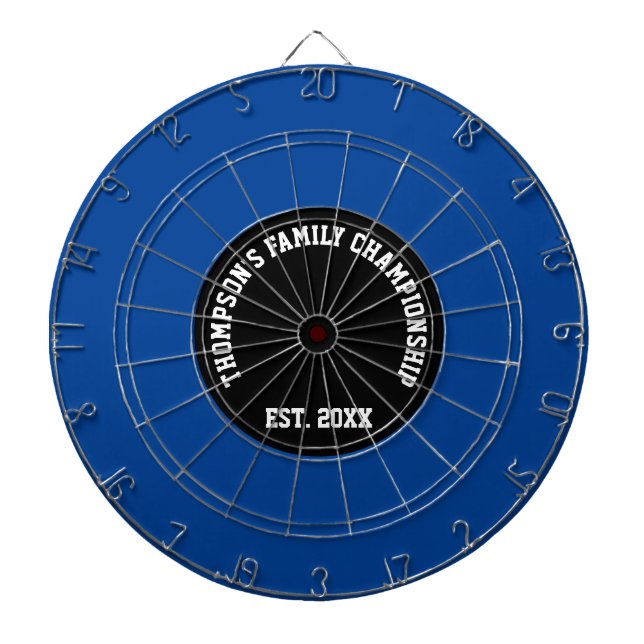 Custom Family Name Established Date Black and Blue Dartboard (Front)
