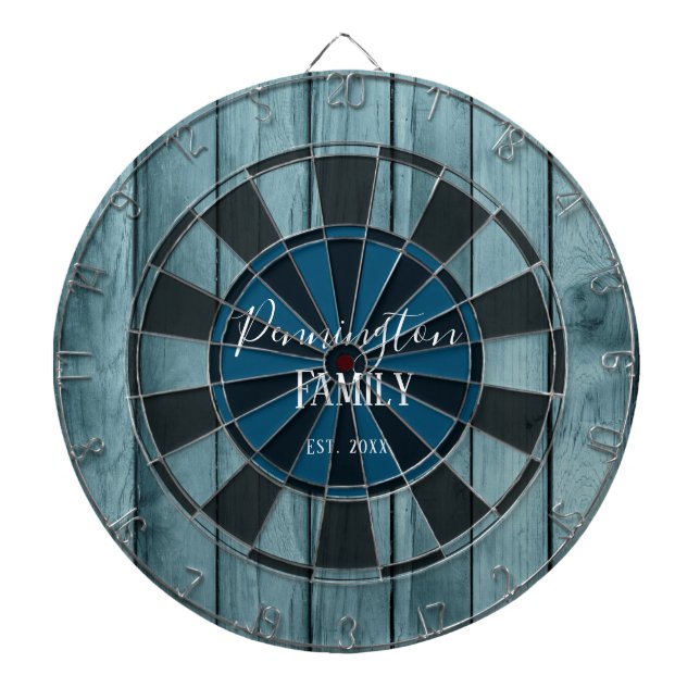 Custom Family Name Established Date Blue Wood Dartboard (Front)
