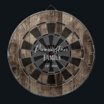 Custom Family Name Established Date Dartboard<br><div class="desc">Faux wooden background with monogram and family name in centre of the board. Other colours available in the shop.</div>