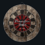 Custom Family Name Established Date Dartboard<br><div class="desc">Faux wooden background with monogram and family name in centre of the board. Other colours available in the shop.</div>