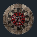 Custom Family Name Established Date Dartboard<br><div class="desc">Faux wooden background with monogram and family name in centre of the board. Other colours available in the shop.</div>