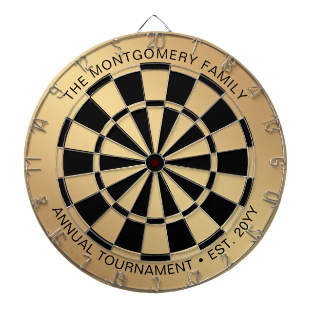 Custom Family Name Gold Black Personalised Dartboard (Front)