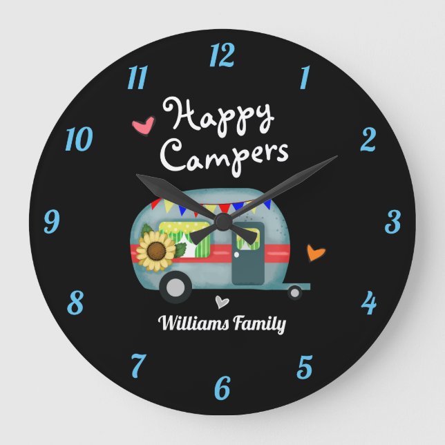Custom Family Name Happy Campers Large Clock (Front)