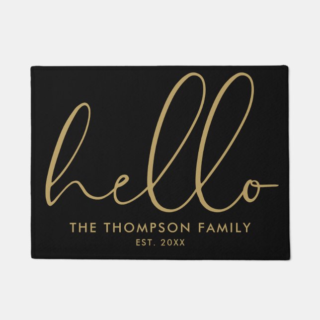 Custom Family Name Hello Welcome Black And Gold Doormat (Front)