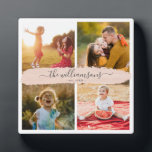 Custom Family Name Instagram Photo Collage Script Plaque<br><div class="desc">Modern Insta friendly photo grid design with space for 4 favourite photos, easy personalisation for your custom family name in chic brush script on a blush pink brushstroke, this keepsake photo collage plaque is a great Holiday gift for any loved one: the modern design is an easy fit in minimal...</div>