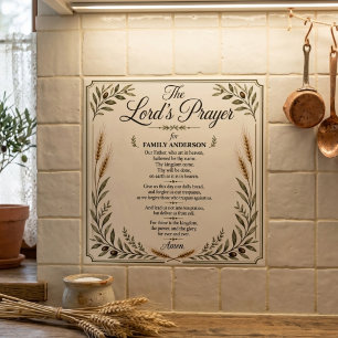 Custom Family Name Lord’s Prayer Botanical Beige Tile