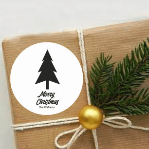 custom Family Name Merry Christmas Black White  Classic Round Sticker