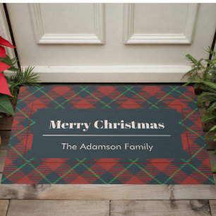 Custom Family Name Merry Christmas Green Plaid Doormat
