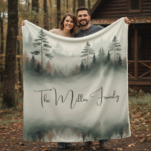 Custom Family Name - Misty Watercolor Forest  Sherpa Blanket