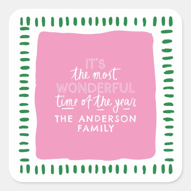 Custom Family Name Modern Pink & Green Christmas Square Sticker (Front)