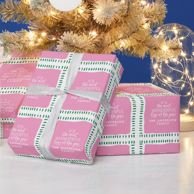Custom Family Name Modern Pink & Green Christmas Wrapping Paper (Holidays)