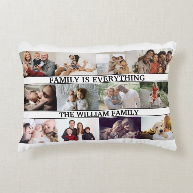 Custom Family Name, monogram & 12 Photo Collage Decorative Cushion (Front)