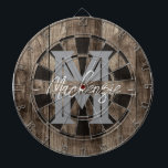 Custom Family Name Monogram Dart Board<br><div class="desc">Faux wooden background with monogram and family name in center of the board. Other colors available in the shop.</div>