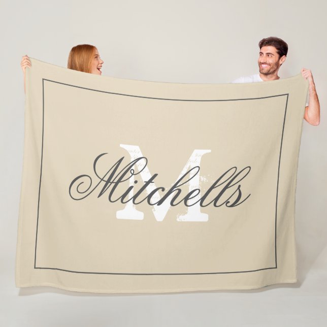 Custom family name monogram extra large beige fleece blanket (In Situ)