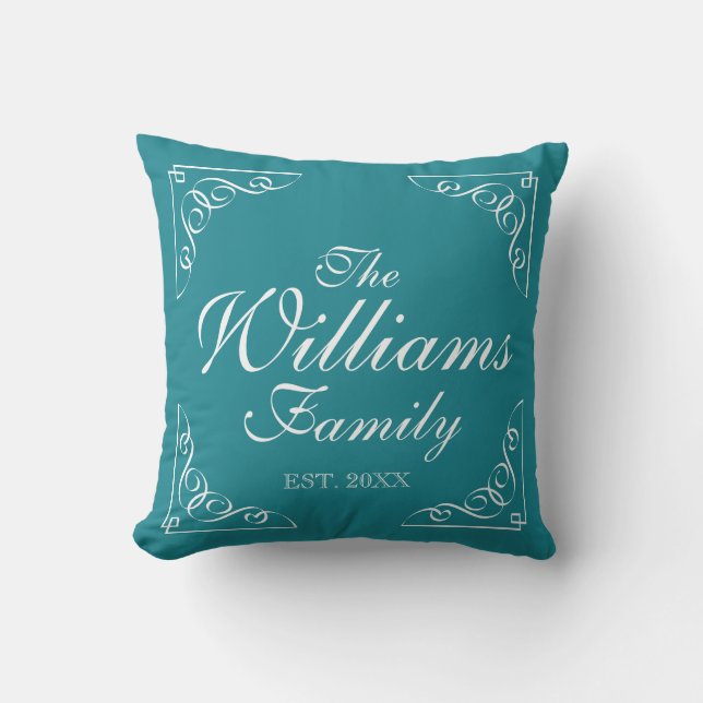 Custom family name outdoor aquamarine throw pillow (Front)