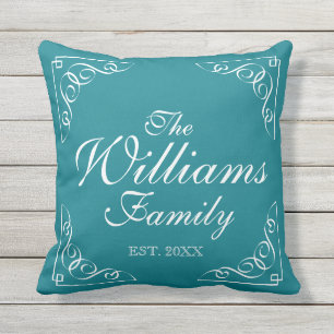 Custom family name outdoor aquamarine throw pillow