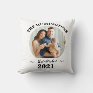 Custom family name, photo and year established  cushion